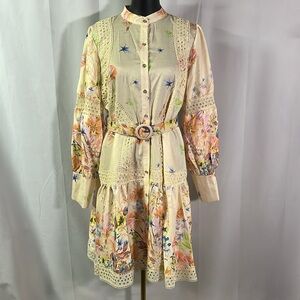NWT Lai Meng Five Cats Multicolor Floral Button Front Ruffle Hem Midi Dress